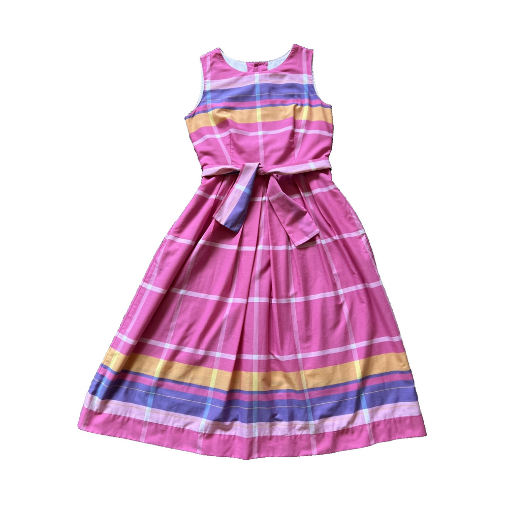 Vintage Lanz Originals Dress Size 13/14 Pink Plaid Fit Flare Pockets Belt Preppy